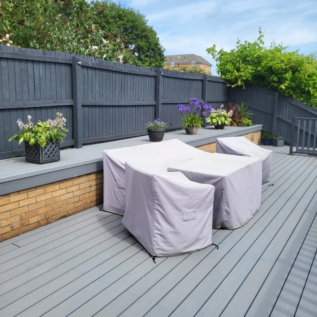 new composite decking installed seating area landscaped garden south wales